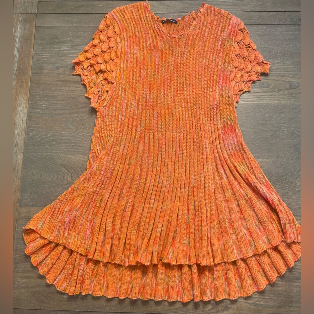 Orange Knit Pleated Dress